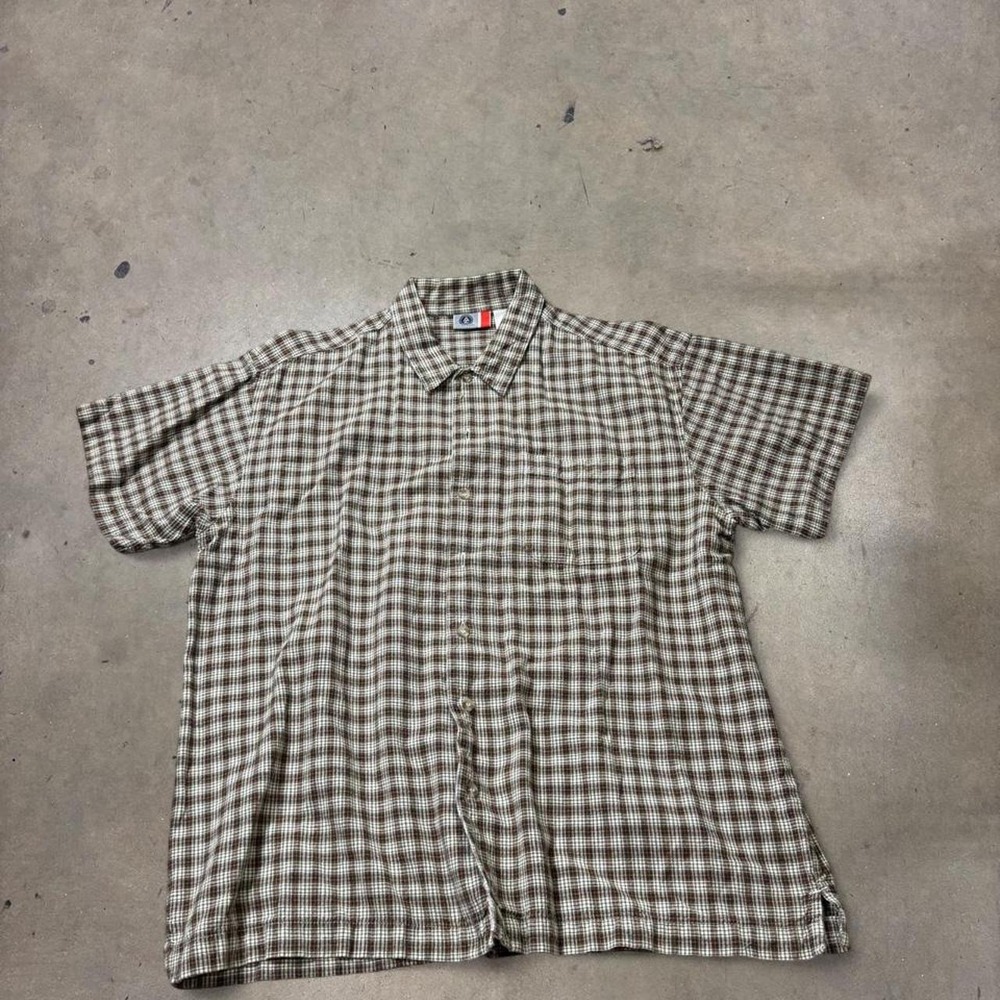 Arizona Jean Co Mens XL Youth Plaid Button Up Shirt Short Sleeve Brown Y2K 18/20